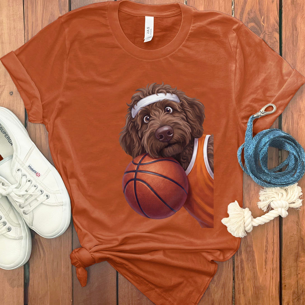 Chocolate Goldendoodle Basketball Player T-Shirt in Autumn / S by Puppy Jo