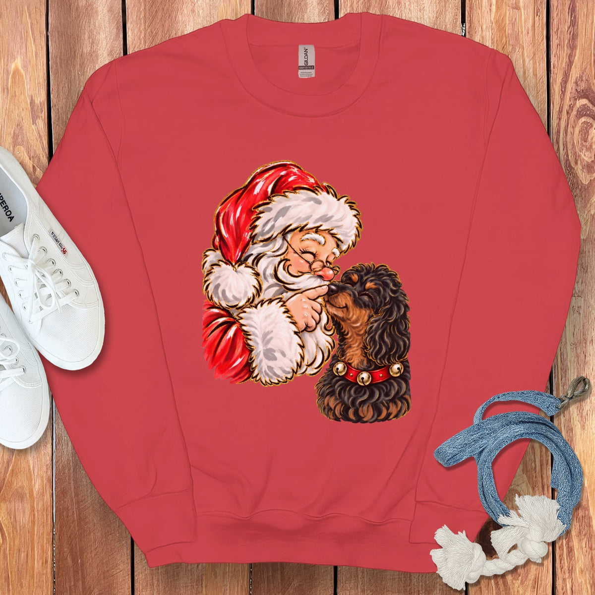 Phantom Goldendoodle Santa Kiss Sweatshirt in Red / S by Puppy Jo