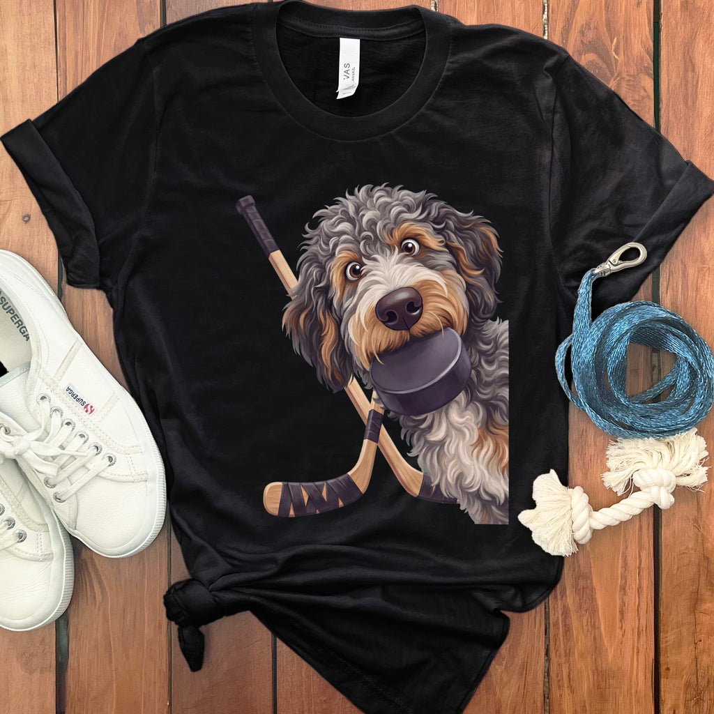 Aussiedoodle Hockey T-Shirt in Black / S by Puppy Jo