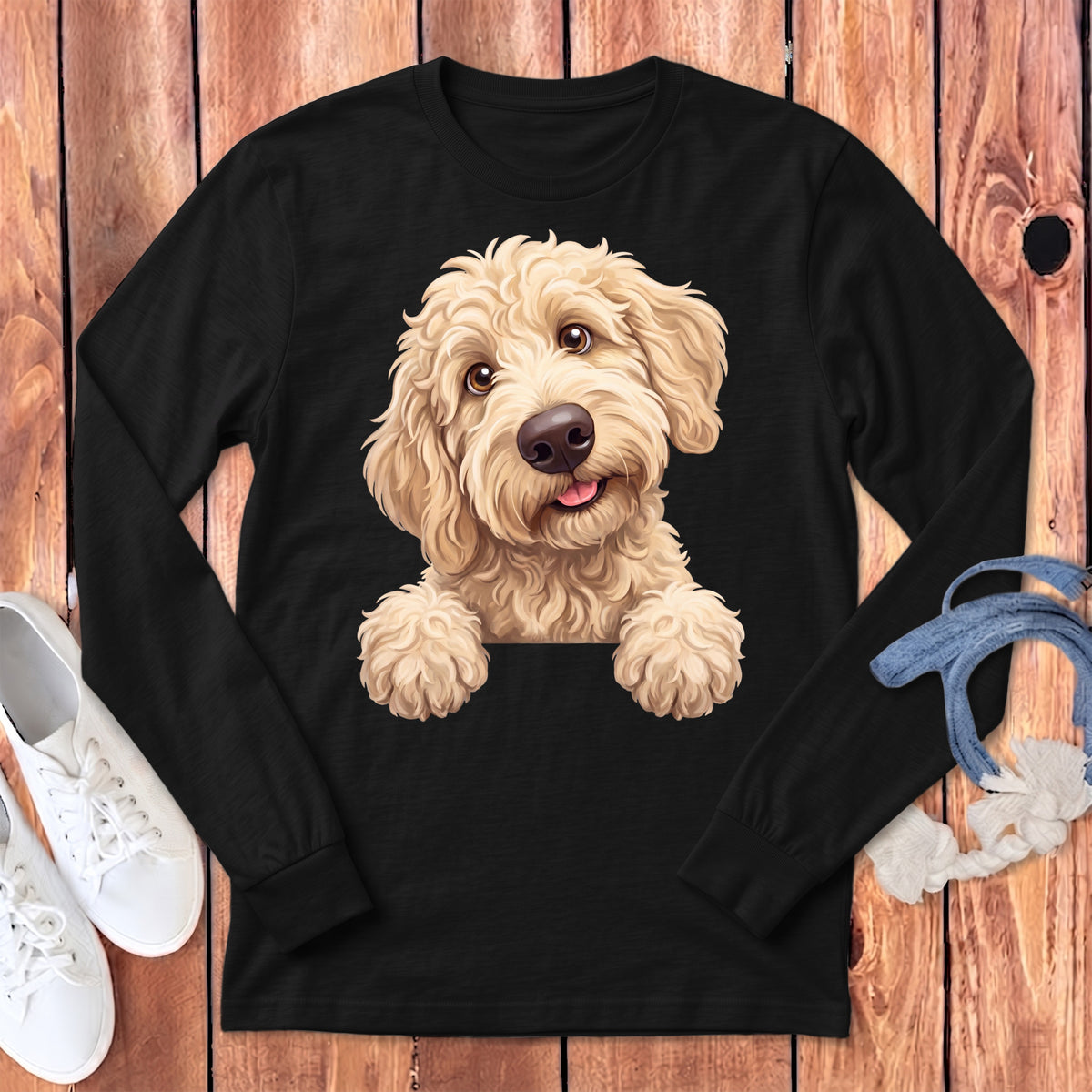 Black long-sleeve shirt with a cute doodle dog graphic.