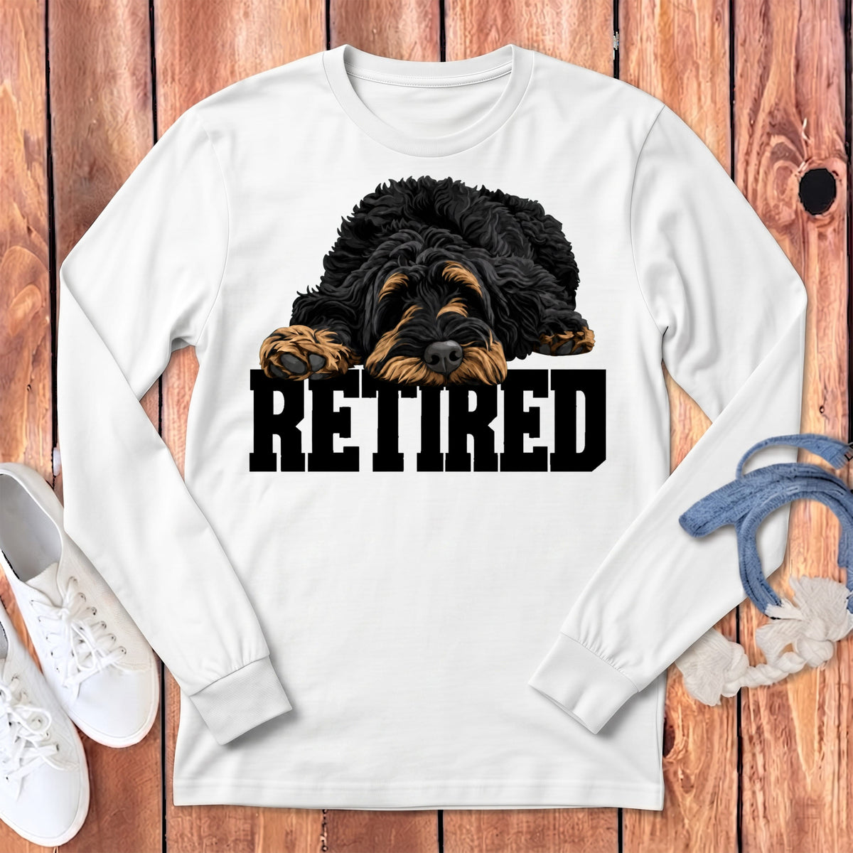 Retired Sleeping Phantom Goldendoodle Long Sleeve T-Shirt in White / S by Puppy Jo