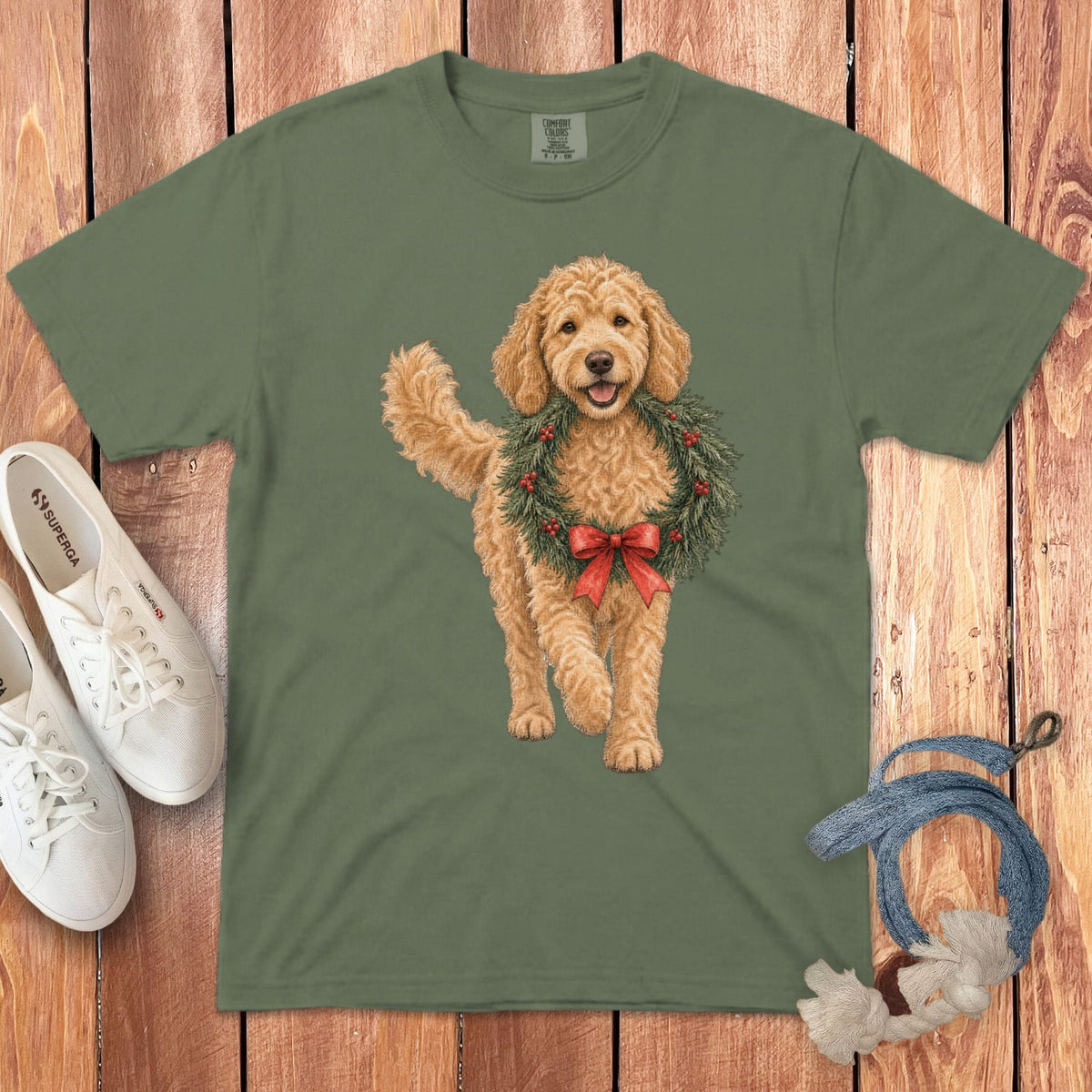 Apricot Goldendoodle Wreath Signature T-Shirt in Moss / S by Puppy Jo