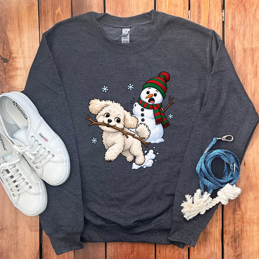 Maltipoo Snowman Sweatshirt in Dark Heather / S by Puppy Jo