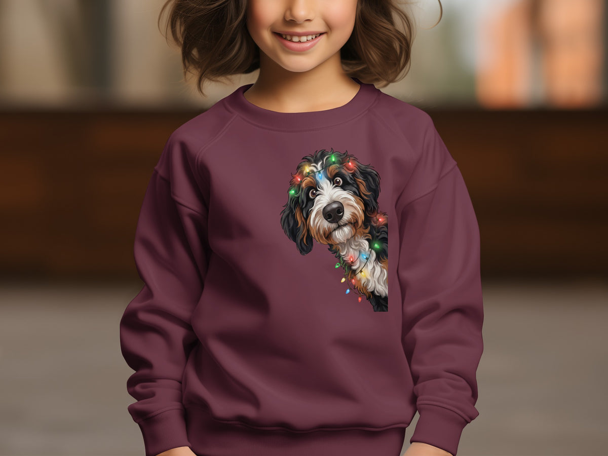 Bernese Mountain Dog puppy with Christmas lights graphic on burgundy sweatshirt.