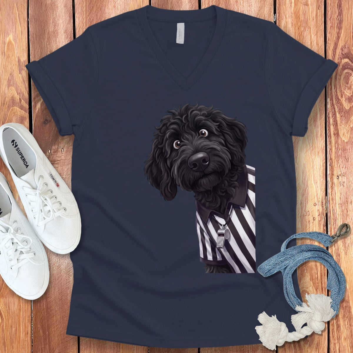 Black Goldendoodle Football Referee V-Neck T-Shirt in Navy / S by Puppy Jo