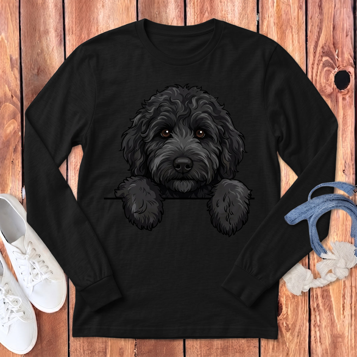 Black long sleeve shirt with a cartoon black poodle graphic peeking over the collar.