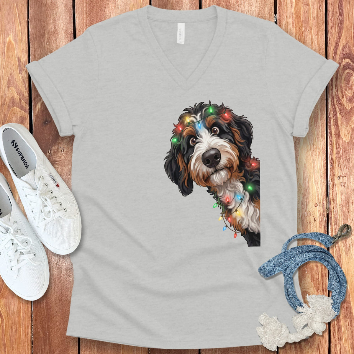 Peeking Bernedoodle Holiday V-Neck T-Shirt in Athletic Heather / S by Puppy Jo