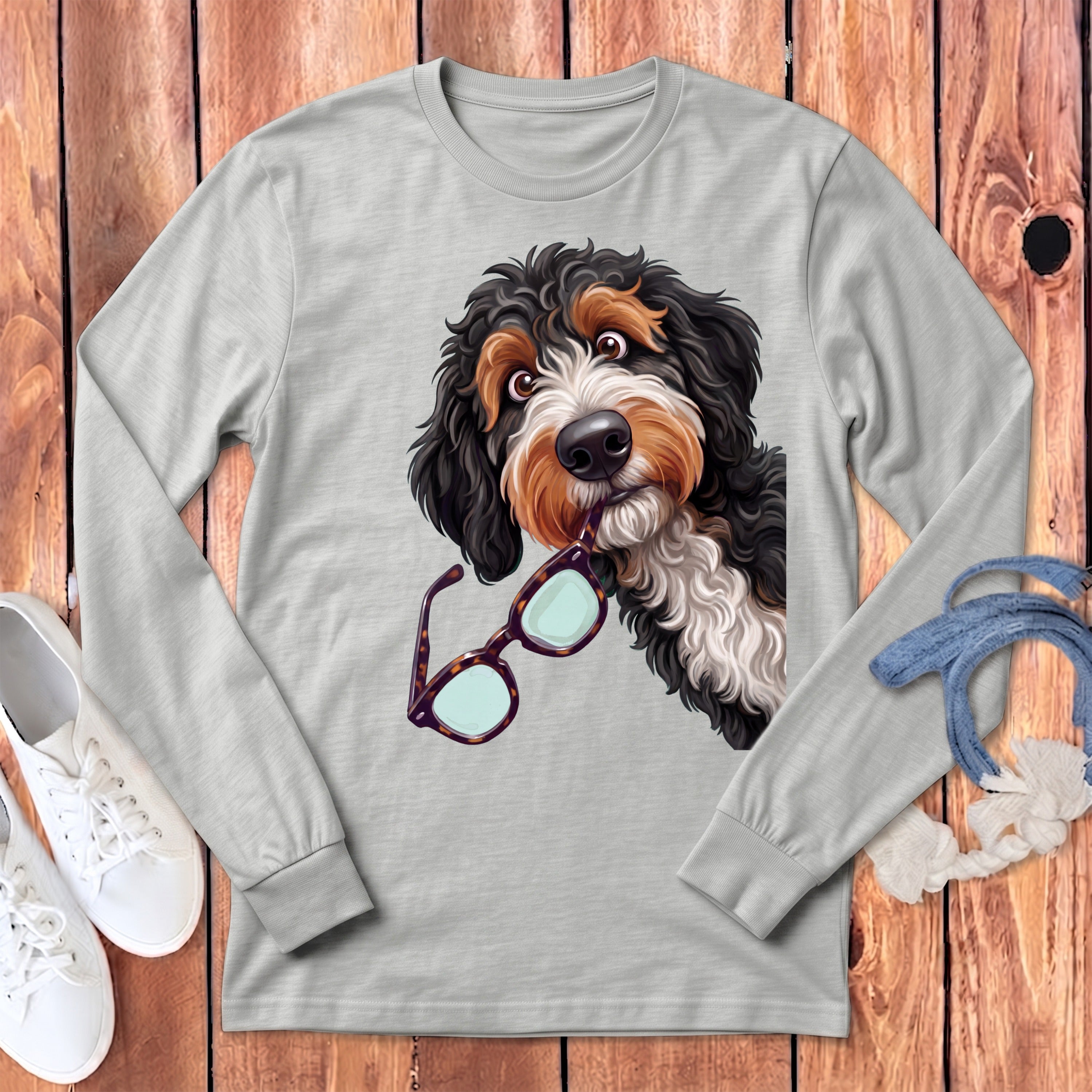 A gray long-sleeve t-shirt with a graphic of a black and brown Bernedoodle holding glasses in its mouth.