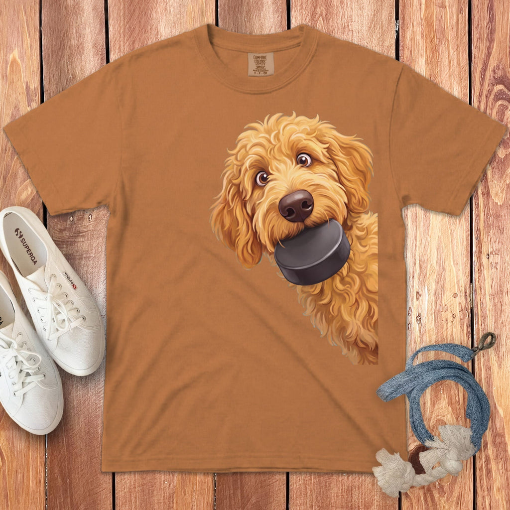 Golden Goldendoodle Hockey Puck Signature T-Shirt in Yam / S by Puppy Jo