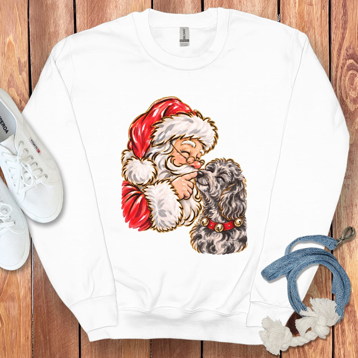 Merle Goldendoodle Santa Kiss Sweatshirt in White / S by Puppy Jo