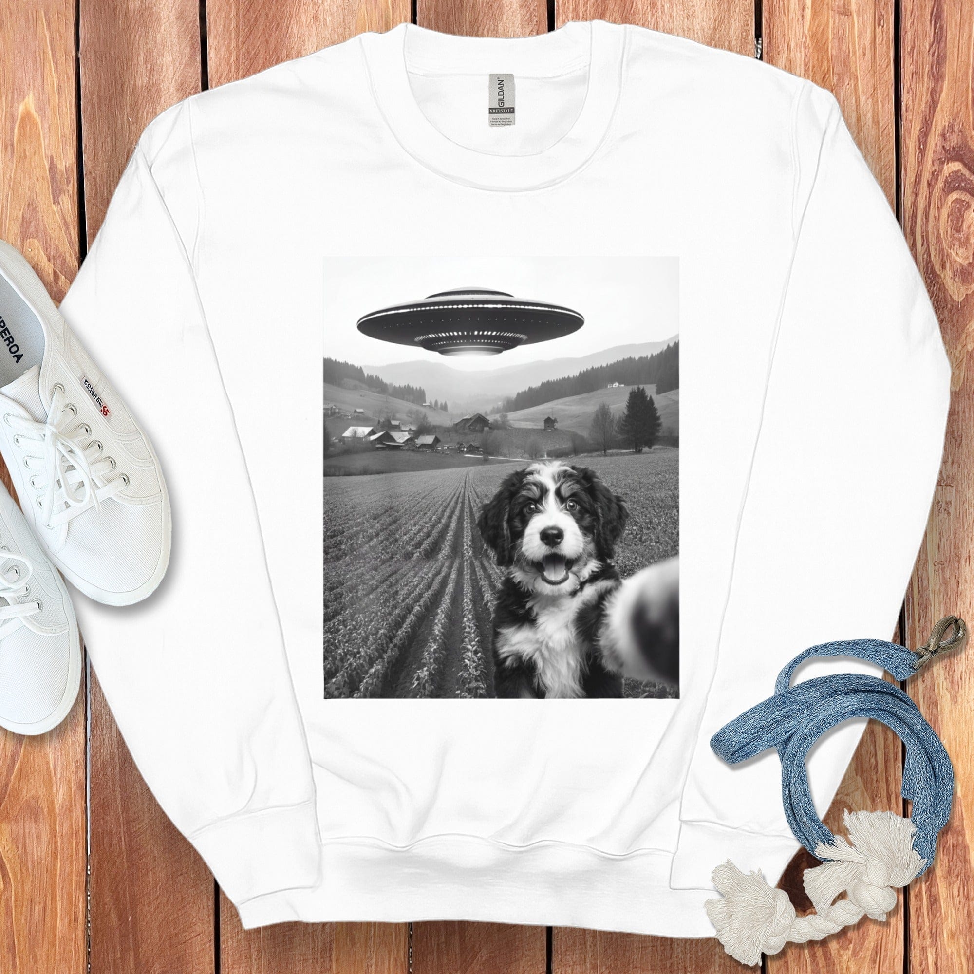 UFO and Dog Countryside Scene Sweatshirt