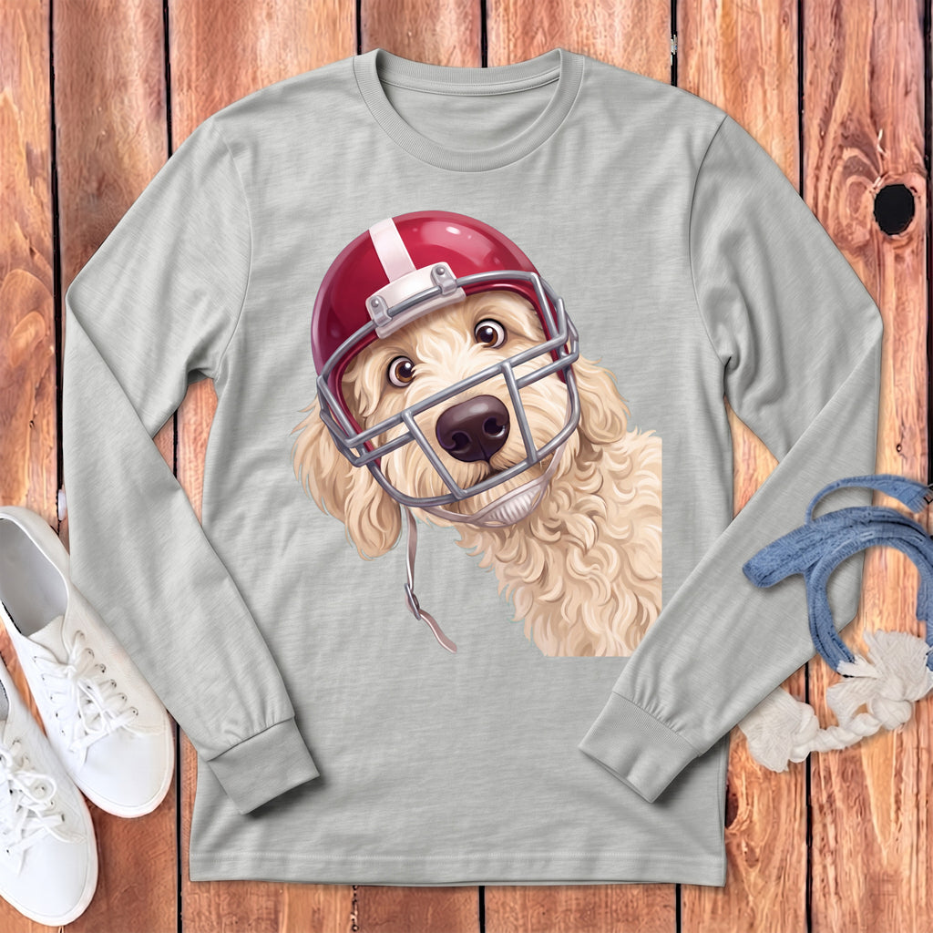 Light grey long-sleeved shirt with a cartoon doodle wearing a red football helmet.