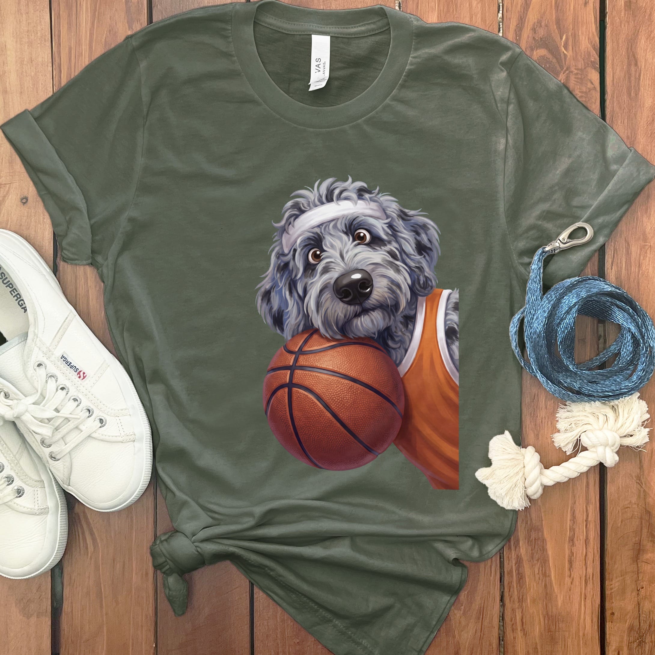 Merle Goldendoodle Basketball Player T-Shirt in Military Green / S by Puppy Jo