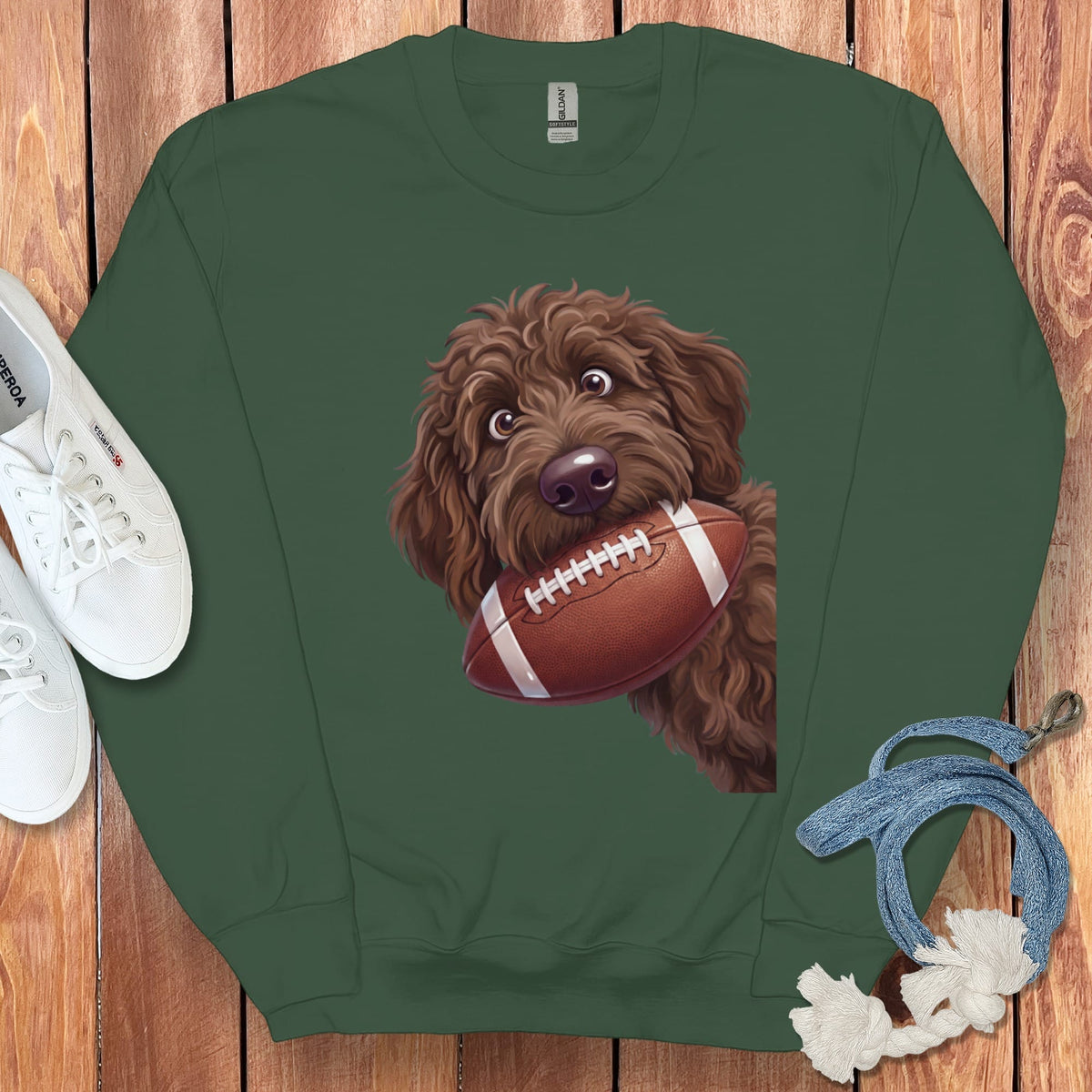 Chocolate Goldendoodle Football Sweatshirt in Forest Green / S by Puppy Jo