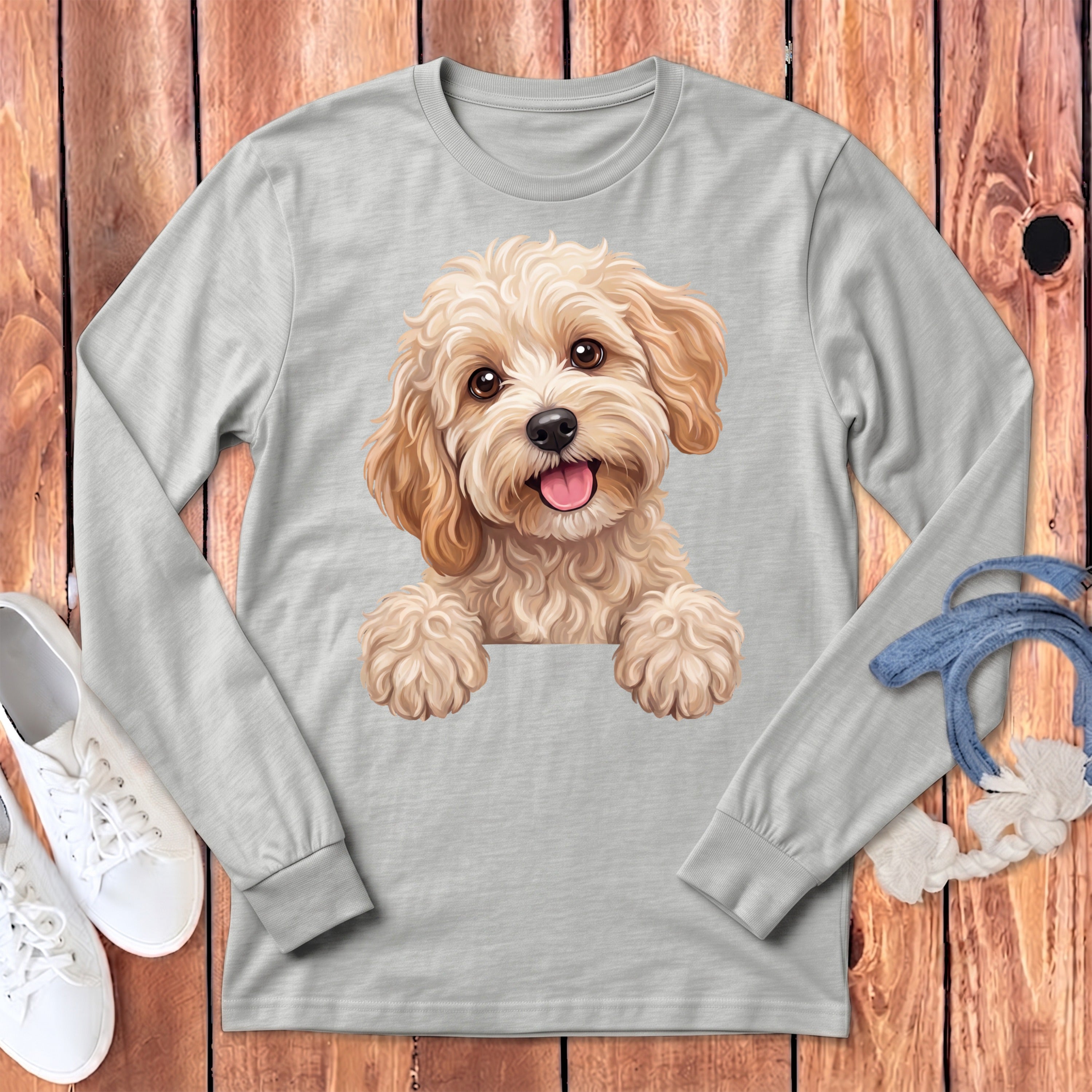 Light gray long-sleeve shirt with a drawing of a happy golden doodle dog.