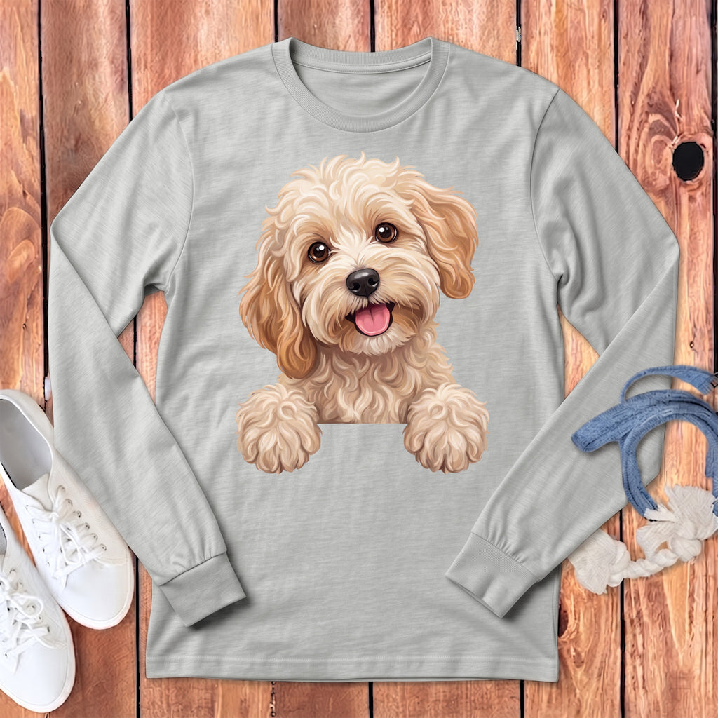 Light gray long-sleeve shirt with a drawing of a happy golden doodle dog.