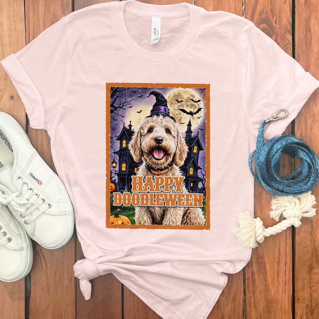Cream Goldendoodle Happy Doodleween T-Shirt in Soft Pink / S by Puppy Jo