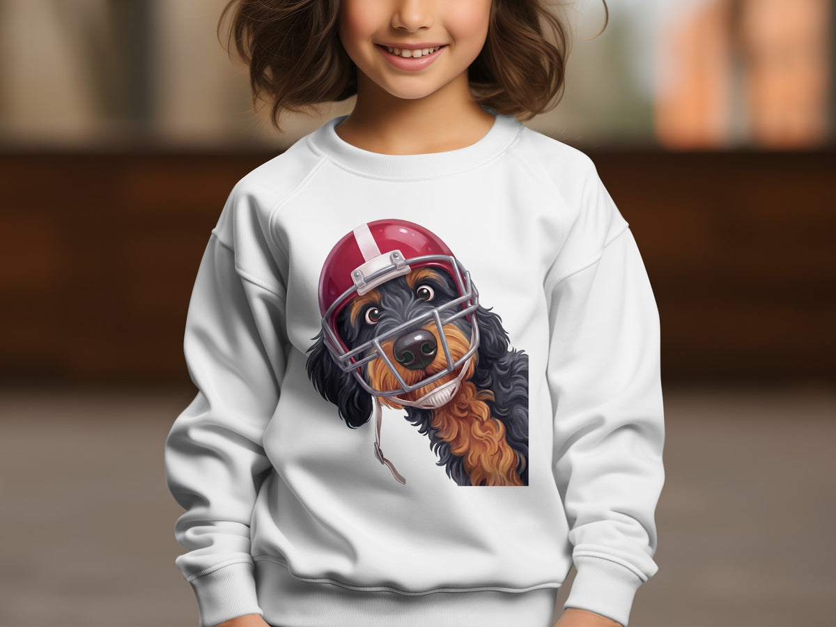 White sweatshirt with a dog wearing a football helmet graphic.