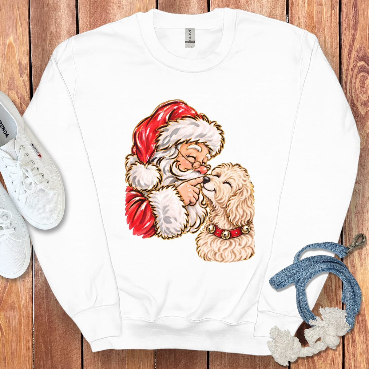 Cream Goldendoodle Santa Kiss Sweatshirt in White / S by Puppy Jo