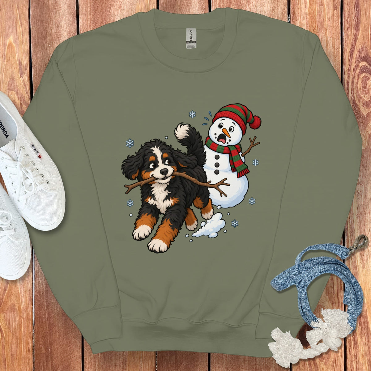 Bernedoodle Snowman Sweatshirt in Military Green / S by Puppy Jo