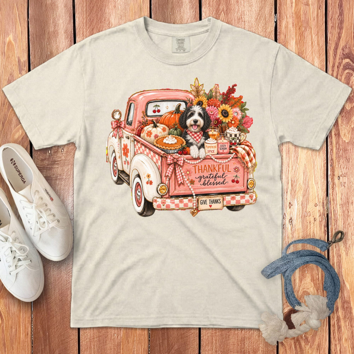 Sheepadoodle Fall Truck Signature T-Shirt in Ivory / S by Puppy Jo