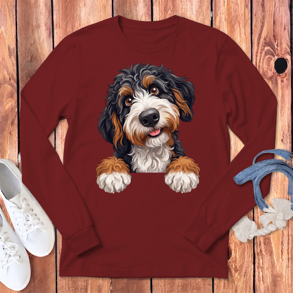 Maroon long-sleeve shirt featuring a painted Bernese Mountain Dog puppy.
