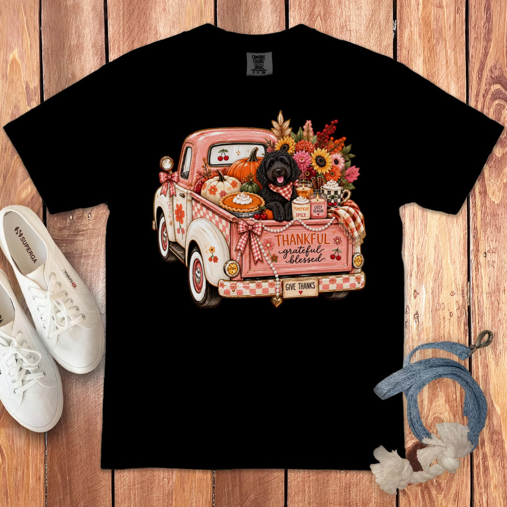 Black Goldendoodle Fall Truck Signature T-Shirt in Black / S by Puppy Jo