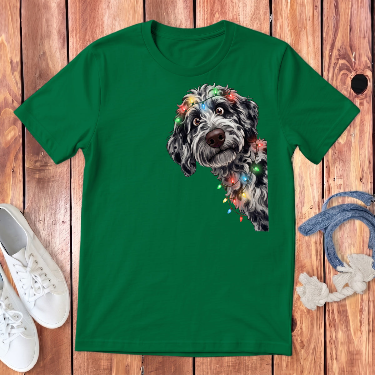 Green t-shirt with a doodle dog wearing colorful Christmas lights.