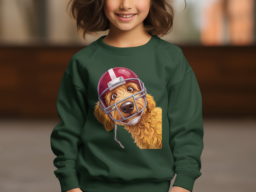 Green sweatshirt on a child featuring a cartoon golden doodle wearing a football helmet.