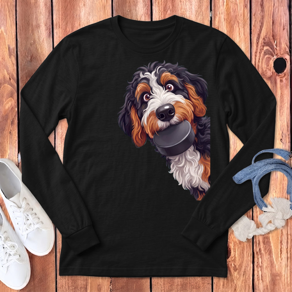Bernedoodle Hockey Puck Long Sleeve T-Shirt in Dark Grey Heather / S by Puppy Jo