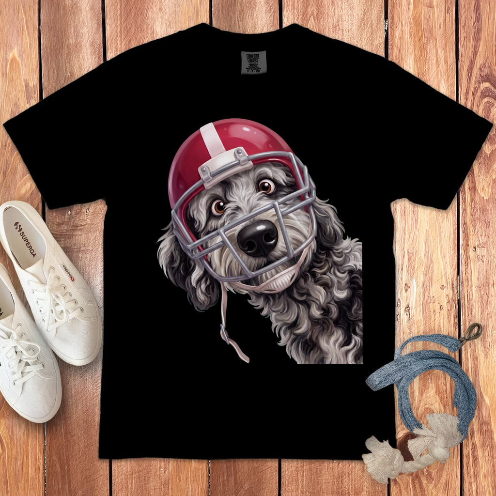 Merle Goldendoodle Football Helmet Signature T-Shirt in Black / S by Puppy Jo