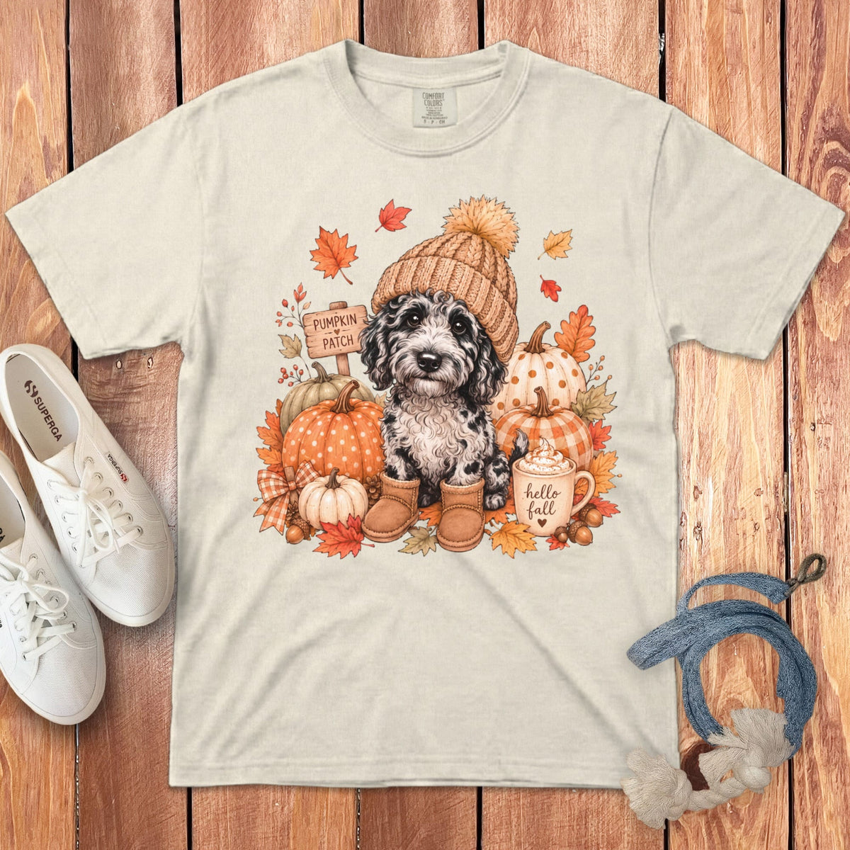 Merle Goldendoodle Pumpkin Patch Signature T-Shirt in Ivory / S by Puppy Jo