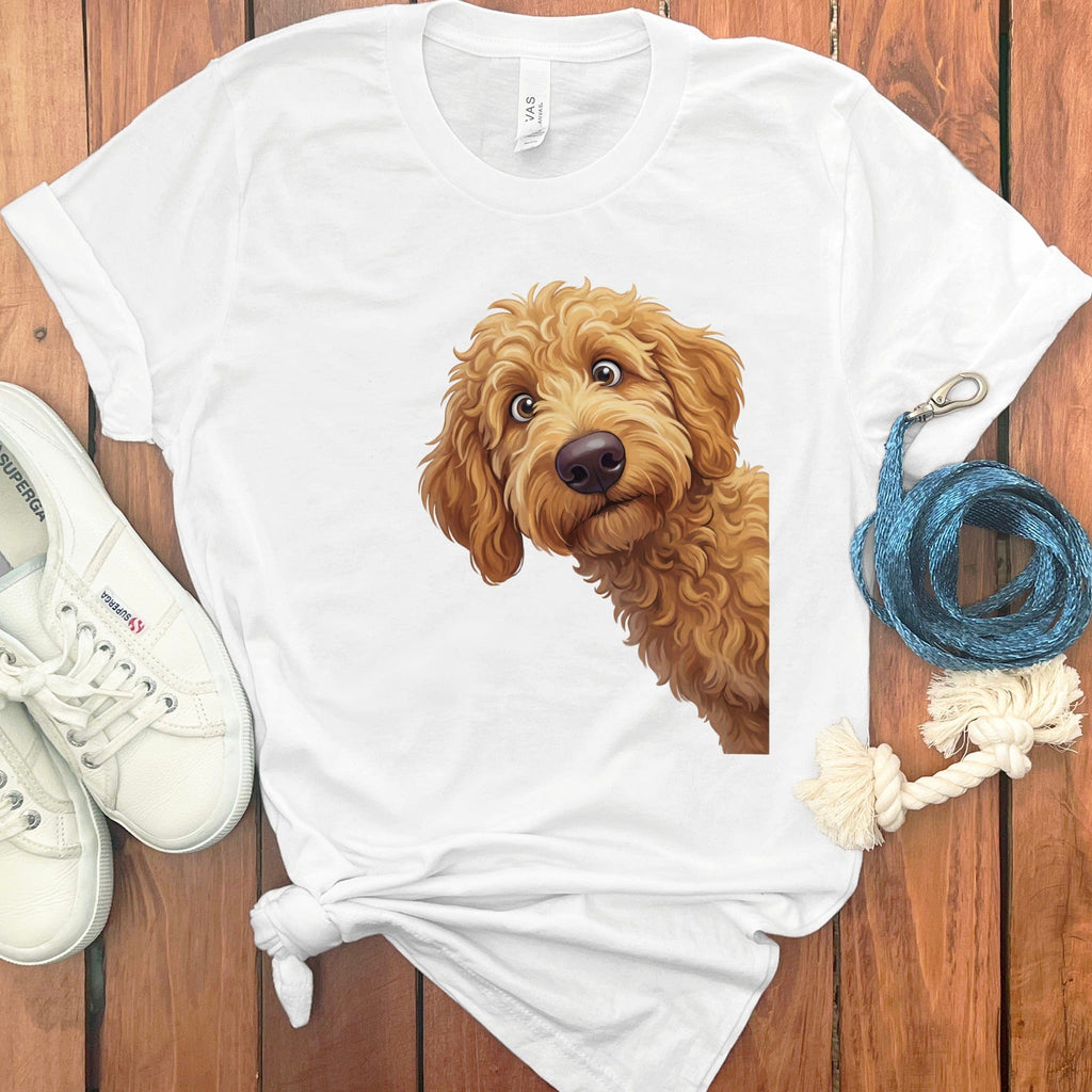 Curious Golden Doodle Dog Graphic on White Shirt