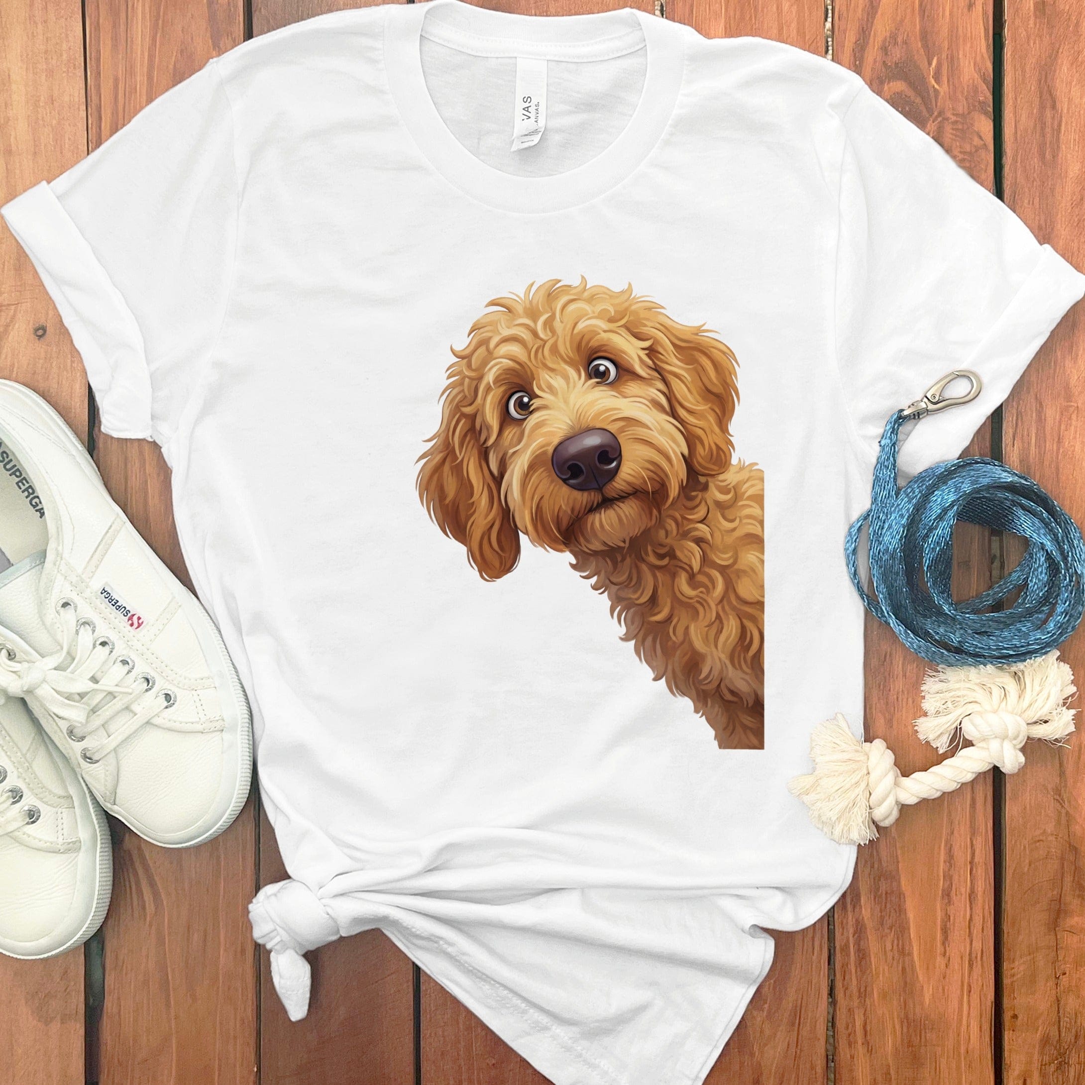 Curious Golden Doodle Dog Graphic on White Shirt