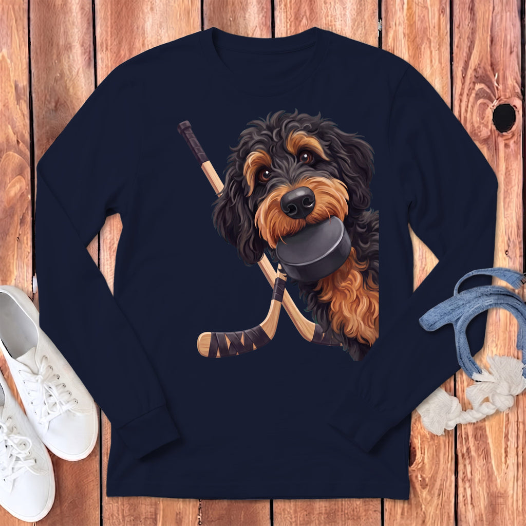 Phantom Goldendoodle Hockey Long Sleeve T-Shirt in Navy / S by Puppy Jo