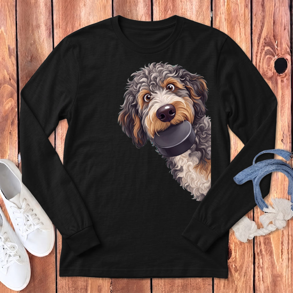 Aussiedoodle Hockey Puck Long Sleeve T-Shirt in Dark Grey Heather / S by Puppy Jo
