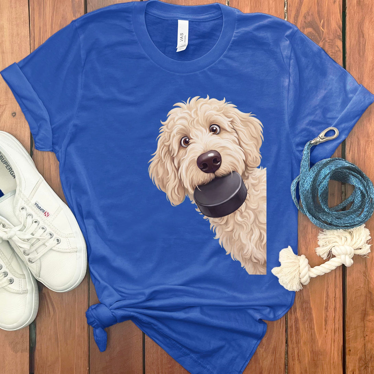 Cream Goldendoodle Hockey Puck T-Shirt in True Royal / S by Puppy Jo