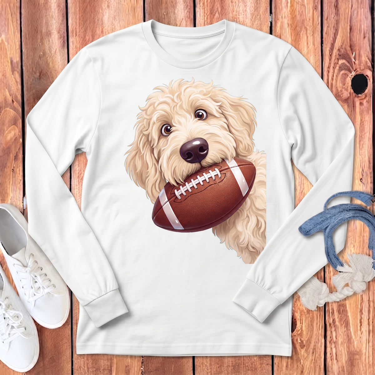 White long-sleeve shirt with a cream doodle dog holding a football.