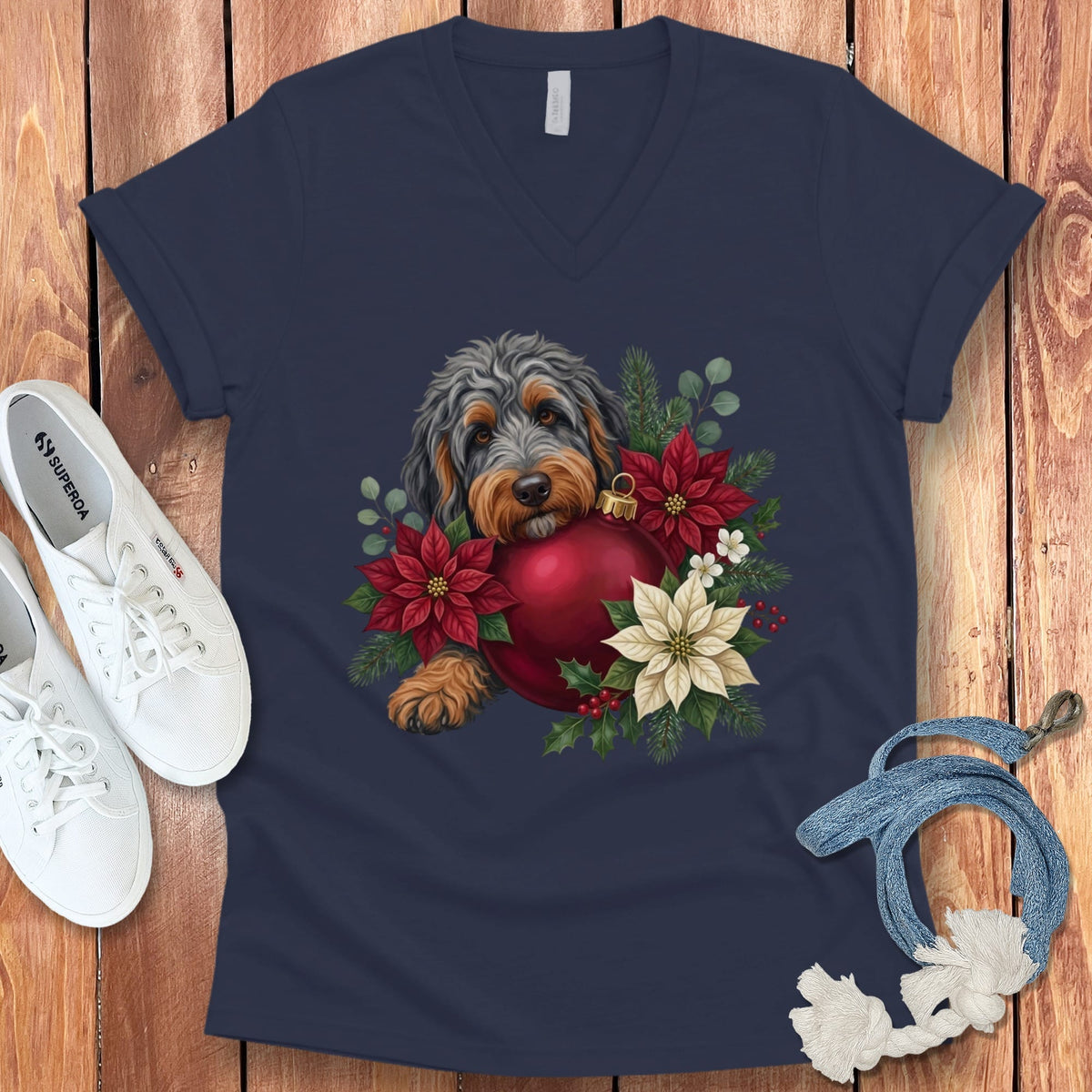 Phantom Goldendoodle Holiday Cheer V-Neck T-Shirt in Navy / S by Puppy Jo