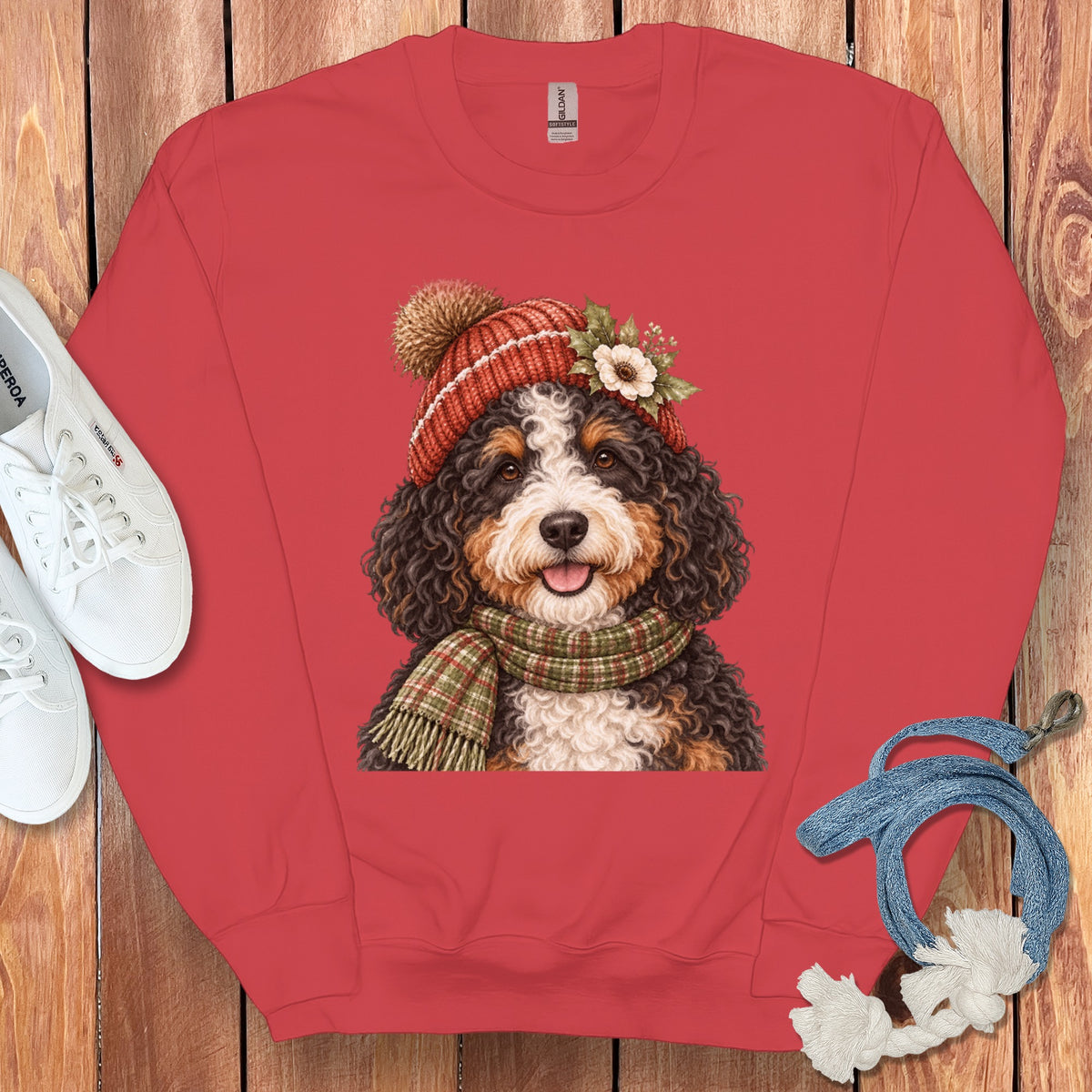 Bernese Mountain Dog wearing a Santa hat and scarf.