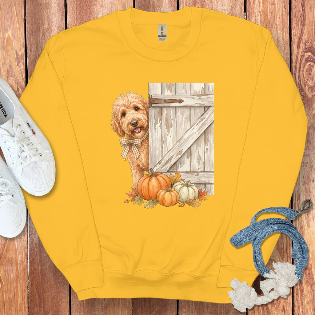 Apricot Goldendoodle Barn Peeking Sweatshirt in Gold / S by Puppy Jo