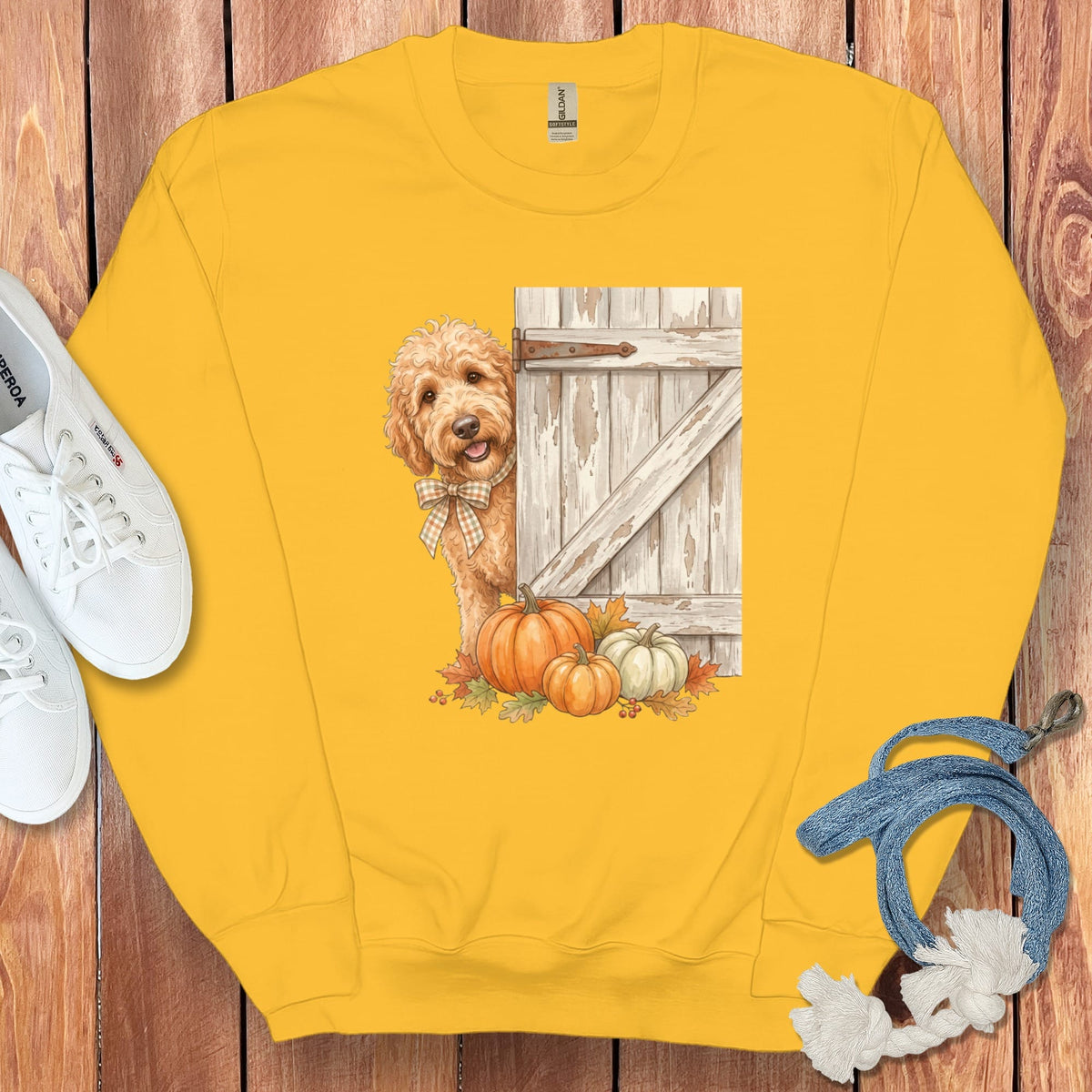 Apricot Goldendoodle Barn Peeking Sweatshirt in Gold / S by Puppy Jo
