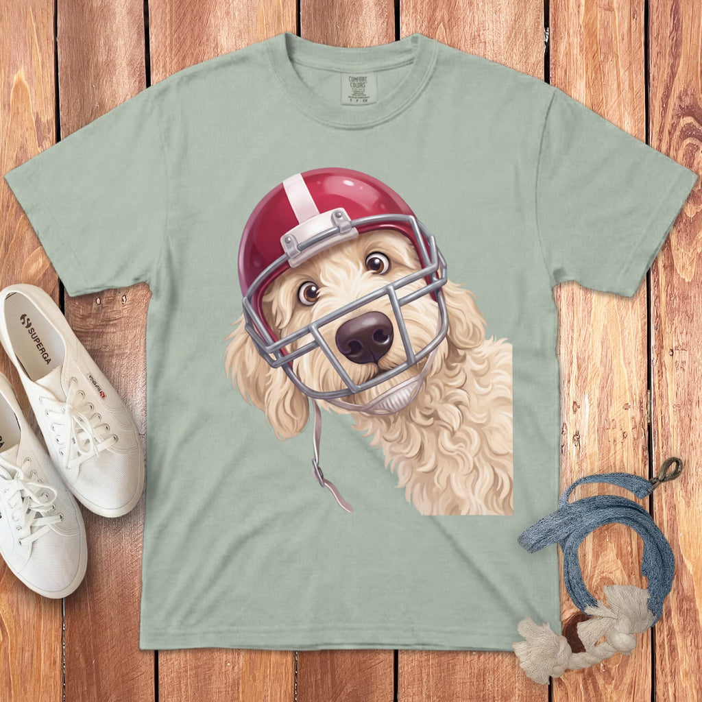 Cream Goldendoodle Football Helmet Signature T-Shirt in Bay / S by Puppy Jo