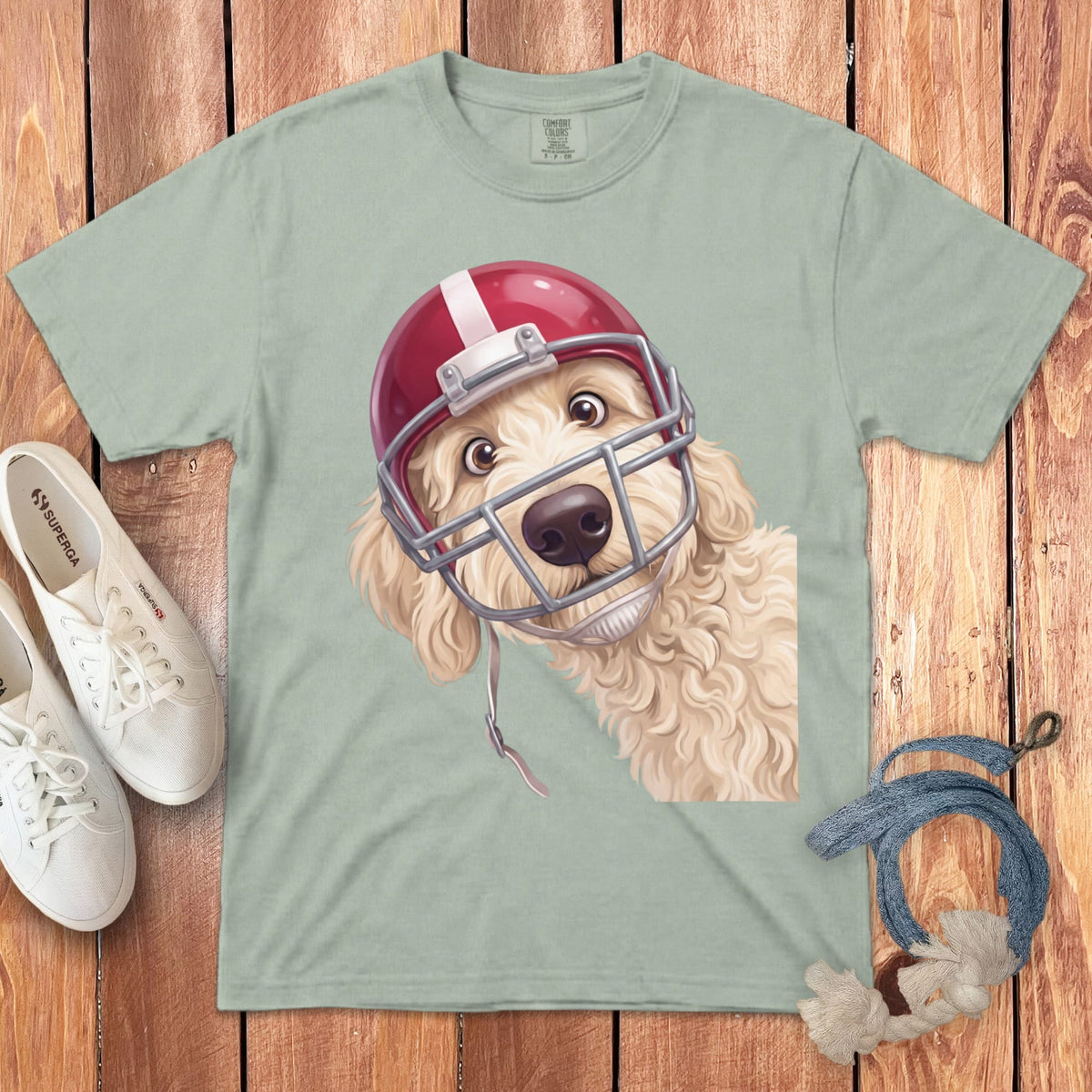 Cream Goldendoodle Football Helmet Signature T-Shirt in Bay / S by Puppy Jo