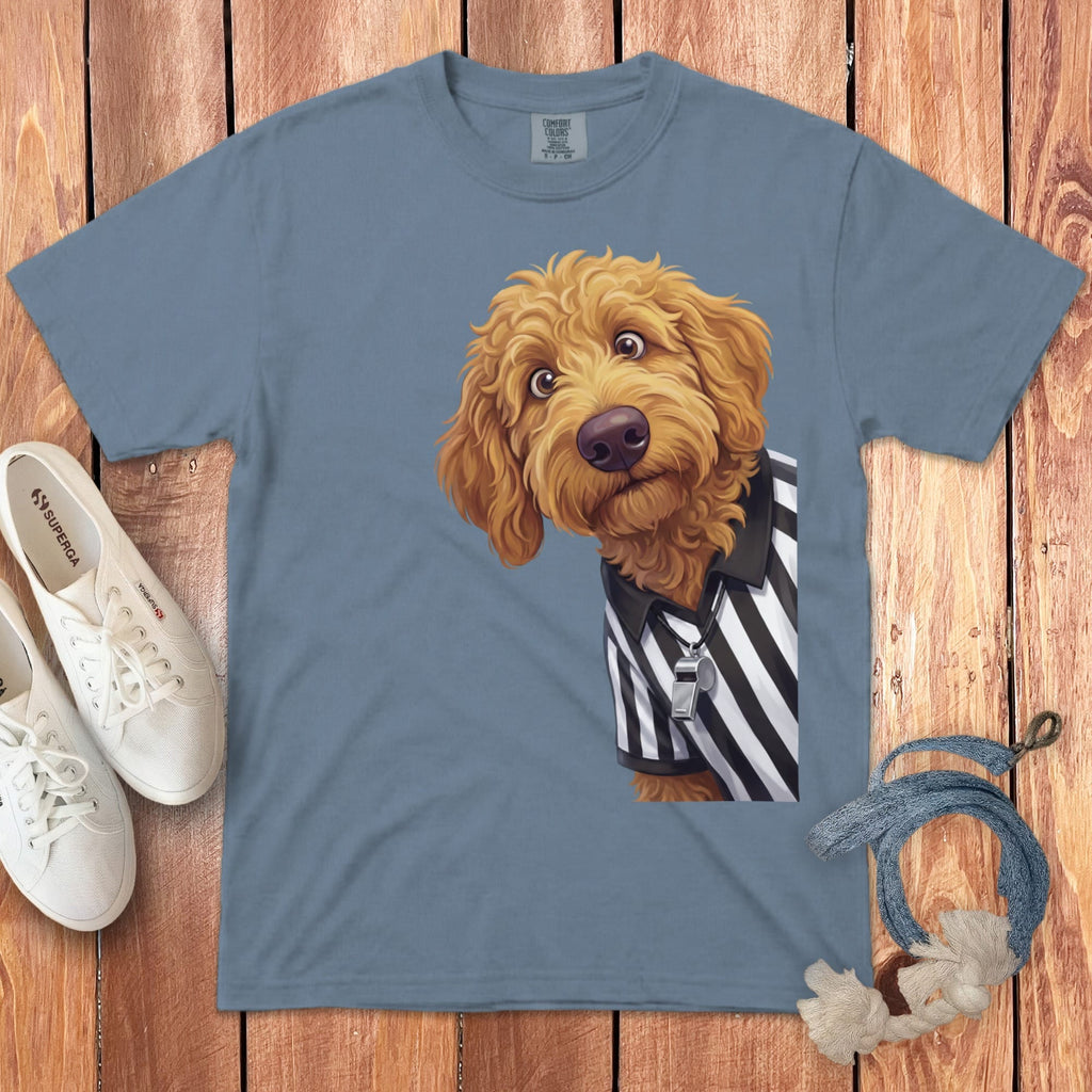 Apricot Goldendoodle Football Referee Signature T-Shirt in Blue Jean / S by Puppy Jo