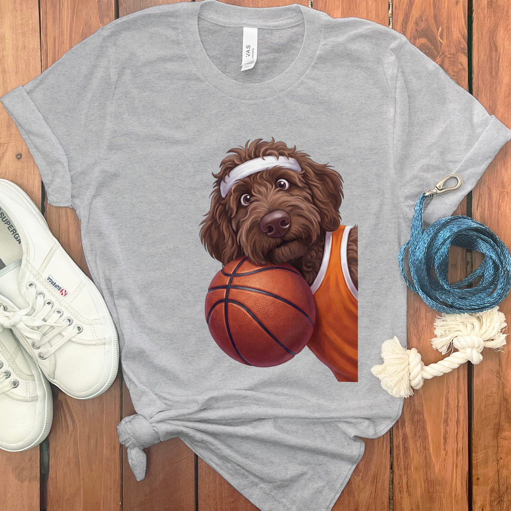 Chocolate Goldendoodle Basketball Player T-Shirt in Athletic Heather / S by Puppy Jo