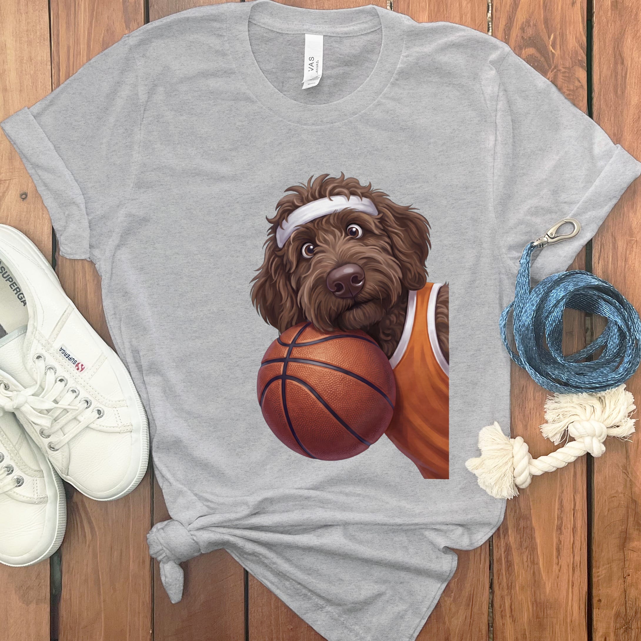 Chocolate Goldendoodle Basketball Player T-Shirt in Athletic Heather / S by Puppy Jo