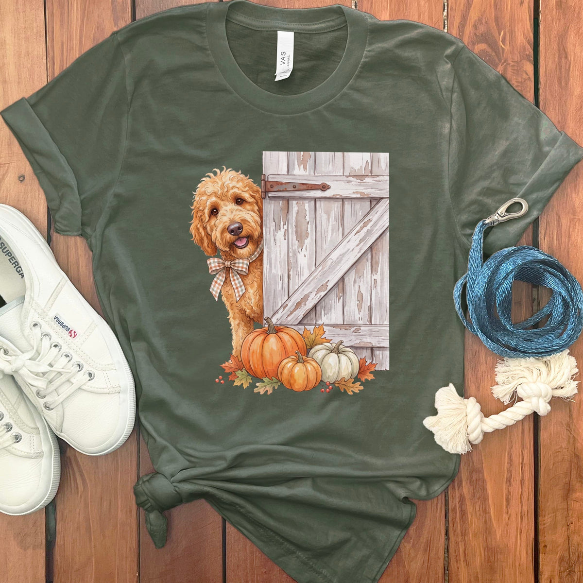 Golden Goldendoodle Barn Peeking T-Shirt in Military Green / S by Puppy Jo