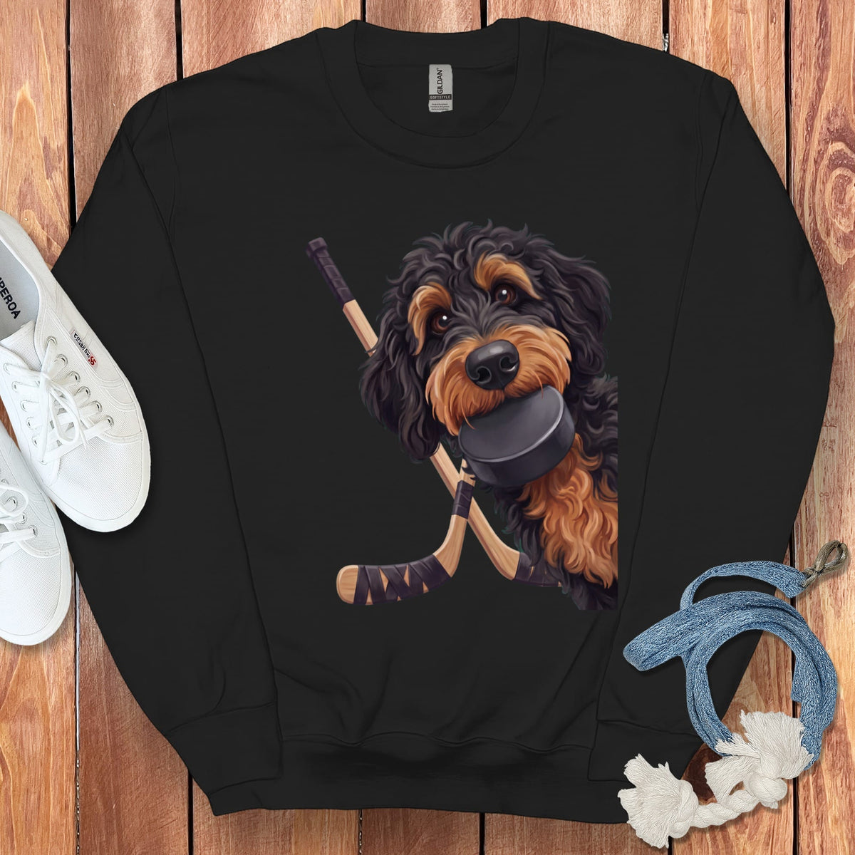 Phantom Goldendoodle Hockey Sweatshirt in Black / S by Puppy Jo