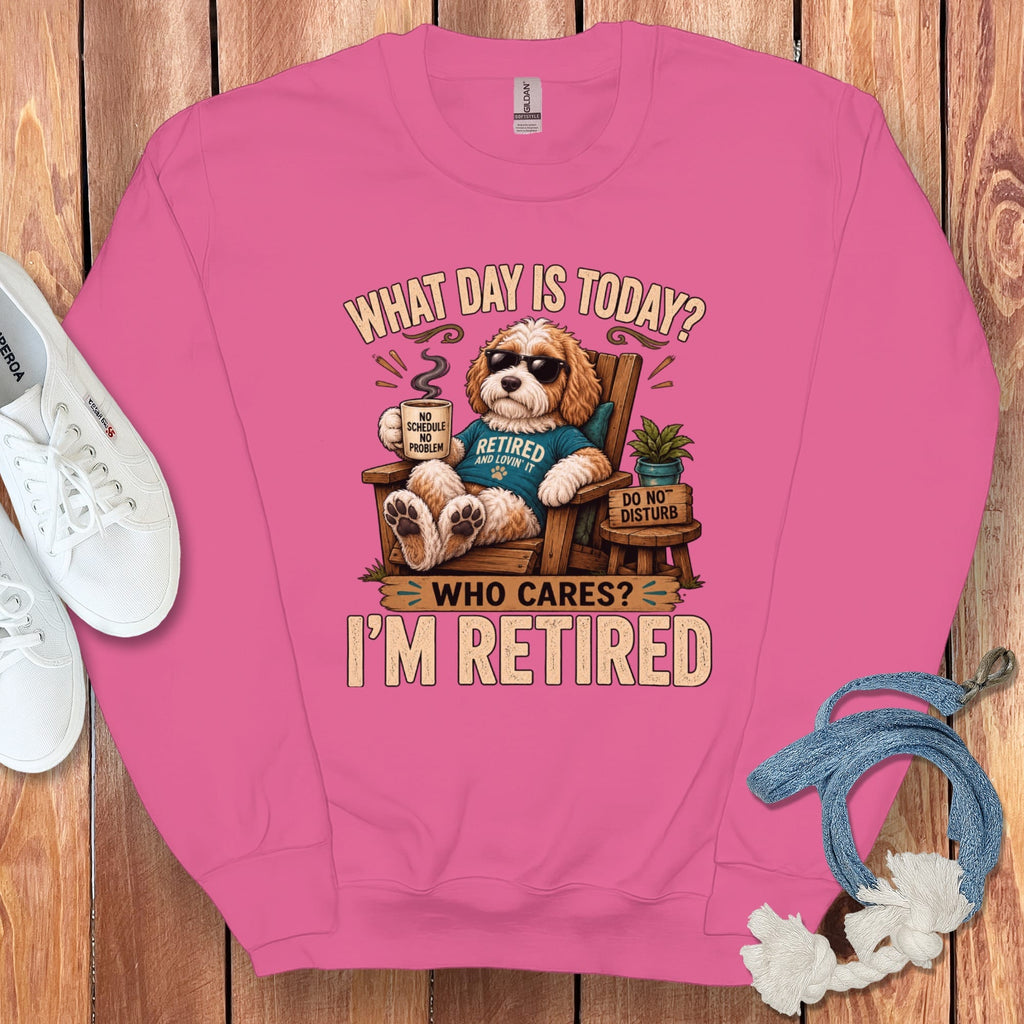 I'm Retired Parti Goldendoodle Sweatshirt in Heliconia / S by Puppy Jo